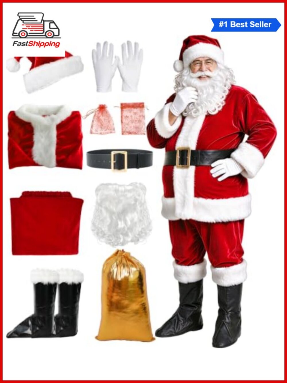 ๐
Men's Santa Claus Costume Velvet Suit 9PC Set with Beard & Boots